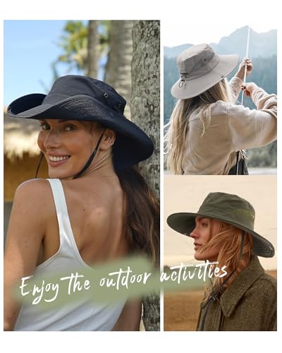 Womens Sun Hat with Ponytail Hole Beach Hiking Summer Wide Brim UPF 50+ Outdoor Protection Foldable Bucket Hat Black