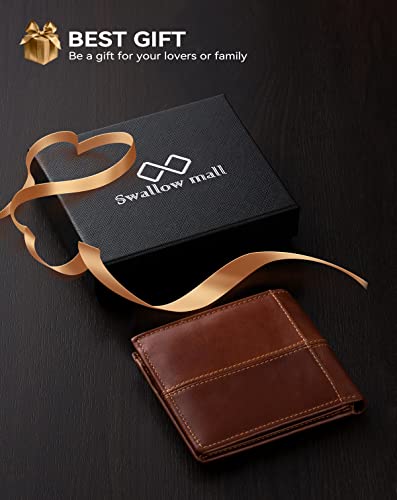 Wallet for Men RFID Blocking Genuine Leather Mens Wallets Bifold with 1 ID Window 15 Card Slots redbrown