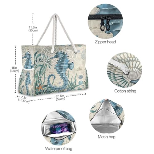 Large Beach Bags Totes Canvas Tote Shoulder Bag Soft Wave Water Resistant Bags for Gym Travel Daily Ocean