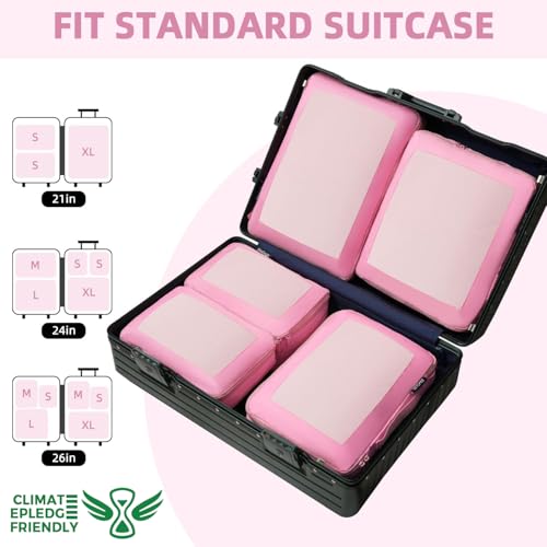 4 Set/6 Set/8 Set Compression Packing Cubes Travel Accessories Expandable Packing Organizers (Square Mesh, 06-Pink)