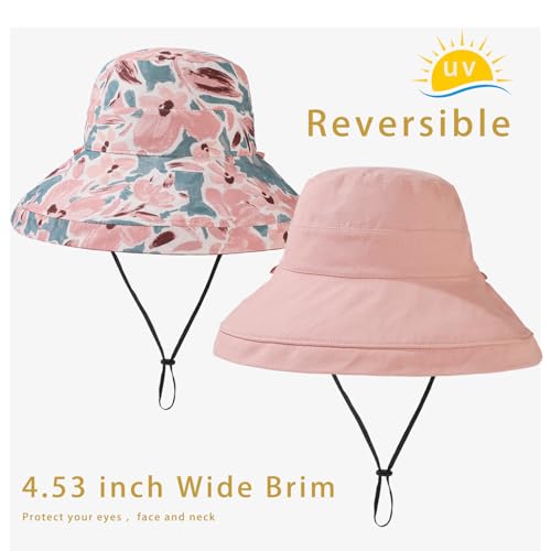 Womens Sun Hats Wide Brim Reversible Bucket Cotton Hat Packable Summer Travel Cap with Hat Clip