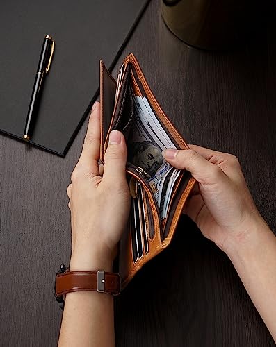 Wallet for Men RFID Blocking Genuine Leather Mens Wallets Bifold with 1 ID Window 15 Card Slots tan