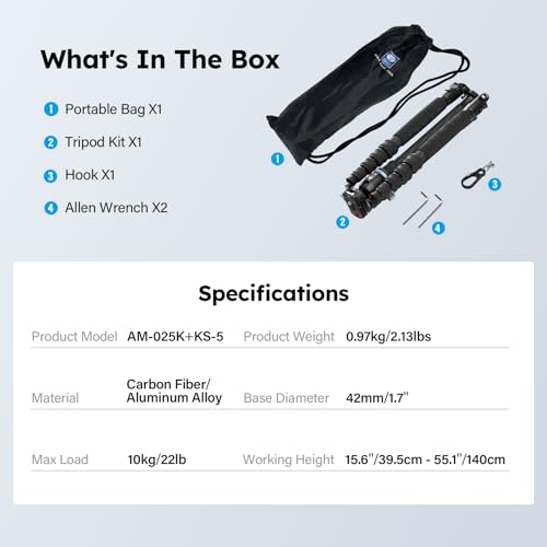 AM-025K+KS-5 Carbon Fiber Travel Tripod, Ball Head, 55.1"