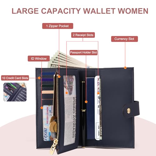 Wallet for Women RFID Blocking Leather Trifold Clutch Wallet Credit Card Holder Ladies Travel Wallet Purse with Passport