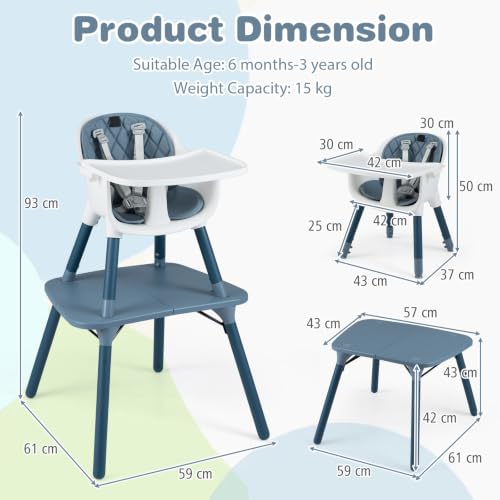 6-in-1 High Chair, Convertible Highchair for Babies and Toddlers/Kids Chair Table Set/Infant Feeding Chair w/Safety Harness, PU Leather Cushion & Removable Food Tray (Blue)