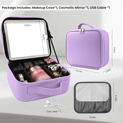Travel Makeup Bag with LED Mirror and Light Travel Makeup Case Cosmetic Organizer Portable Cosmetic Brush Organizer Bag with Adjustable Dividers for Cosmetics Makeup Brushes Toiletry