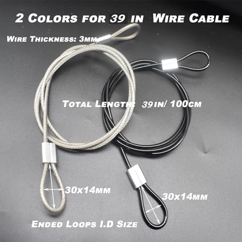 1/8"(3mm) Wire Diam Stainless Steel Cable Eyelets Loops Short Rope Lanyard Safety Tether Chain Lock with Vinyl Coated Cover, 10Pcs 20" Long Black (10 Count)