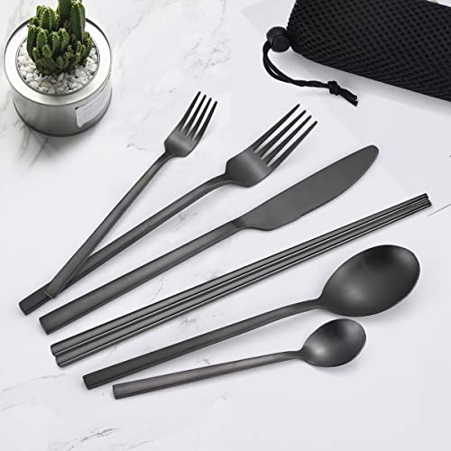 6 Pieces Stainless Steel Flatware Set Portable Reusable Cutlery Set Travel Utensils Set Including Chopsticks Knife Fork Spoon Straws Cleaning Brush Dishwasher Safe (6 Count)