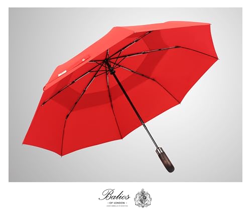 Folding Umbrella Real Wood Handle Auto Open Close Vibrant Red