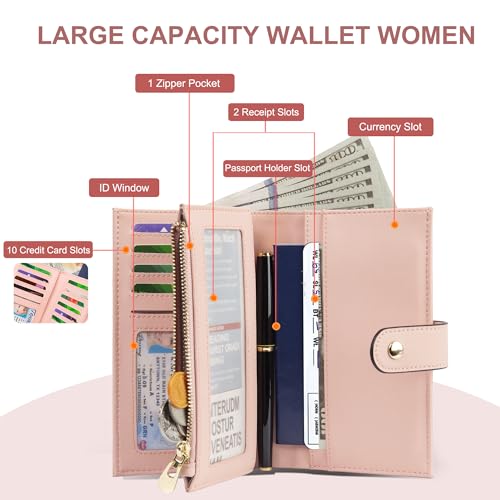 Womens Wallet RFID Blocking Leather Trifold Clutch Wallet Credit Card Holder Ladies Travel Wallet Purse with Passport