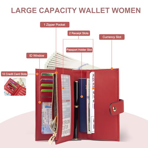 Womens Wallet RFID Blocking Leather Trifold Clutch Wallet Credit Card Holder Ladies Travel Wallet Purse with Passport