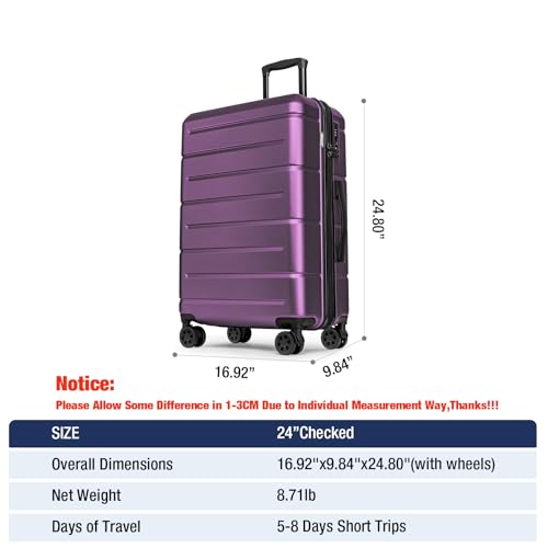 24 Inch Luggage TSA Approved Hardshell Suitcases with Spinner Wheels Durable PC+ABS Medium Checked Travel Luggage for Women Men Dark Purple