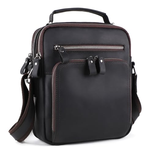 Crazy Horse Cowhide Leather Messenger Bag for Men Vintage Shoulder Crossbody Bags Handbag Bag Man Purse Sling Casual Day Pack Business Black