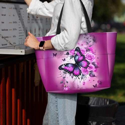 Beach Bag for Women Butterfly Print Beach Tote Bag Waterproof Sandproof Large Bags with Zipper Big Capacity for Travel
