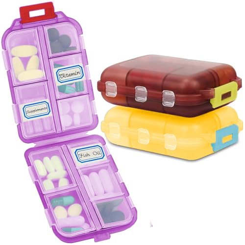 Small Pill Case Travel Pill Box Cute Pill Organizer for Purse Portable Daily Medicine Organizer 10 Compartment Pill Holder for Vitamins (3 Count)