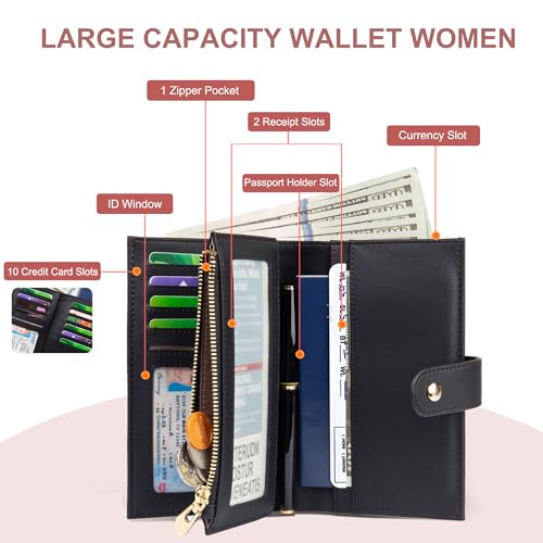 Wallet Women RFID Blocking Leather Trifold Clutch Wallet Credit Card Holder Ladies Travel Wallet Purse with Passport