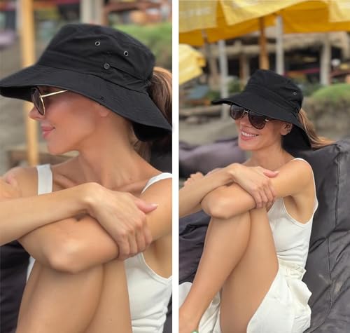 Sun Hats for Women Ponytail Wide Brim Summer Packable Cowboy Hat