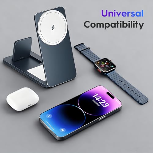 3-in-1 Wireless Charging Station, Foldable Magnetic Charger Stand Compatible with iPhone, Apple Watch, Apple Earphone, 15W Fast Charging, Portable Travel Dock