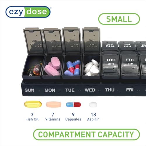 Weekly (7-Day) AM/PM Pill Organizer, Small Medicine Planner, Black