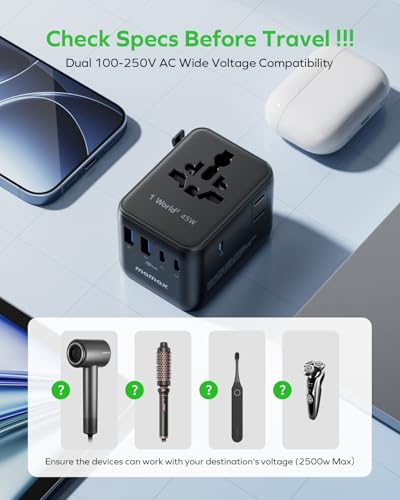 7-in-1 Universal Travel Adapter, GaN 45W iPhone 17 European Travel Plug Adapter, 3 USB-C PD & 2 USB-A QC,2 AC, International Power Adapter for Travel UK EU AUS JP, Travel Essentials
