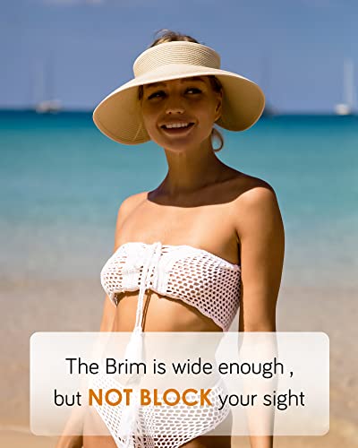 Womens Sun Hat with Ponytail Hole Wide Brim Beach Straw Visor