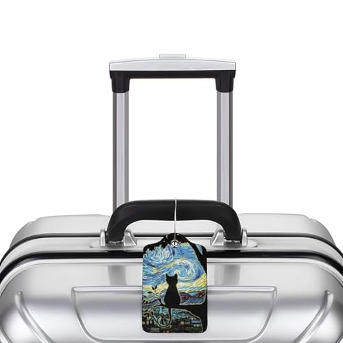 2 Pack Luggage Tags for suitcases Starry Night Cat TSA Approved Label Luggage Tag Baggage Tag Leather Stainless Steel Loop Label Tag for Men Women Travel Bag Suitcase (2 Count)