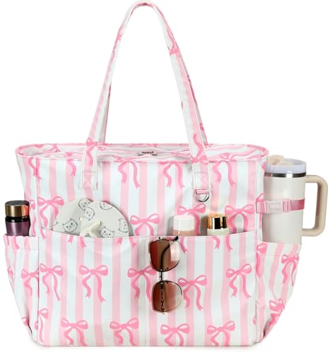 Waterproof Beach Tote Pool Bags for Women Ladies Extra Large Tote Bag Carryall Bag With Wet Compartment Fit 40oz Tumbler Holder Family Travel Bag for Cruise