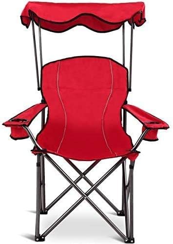 Goplus Camping Chair with Canopy Shade, Folding Lawn Chair with Umbrella Cup Holder & Carry Bag, Portable Sunshade Chair for Adults for Beach Outdoor Travel Hiking Fishing (Red)