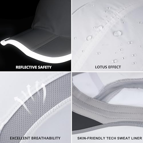 Baseball Cap Nylon Running Outdoor Sports Hat for Men Woman Adjustable Quick Drying Reflective Foldable 50+ UPF Inhibit UV Mesh Water Repellency Race Performance Lightweight White
