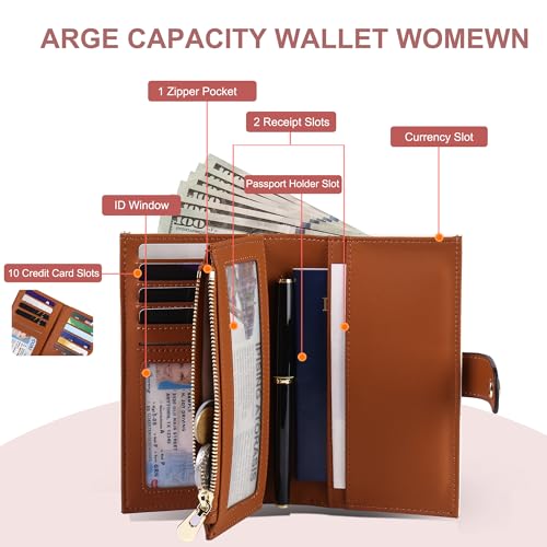 Women's Wallets RFID Blocking Leather Trifold Clutch Wallet Credit Card Holder Ladies Travel Wallet Purse with Passport
