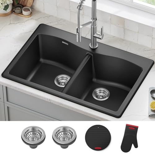 Black 33 in Double Bowl Drop in Granite Kitchen Sink KGD