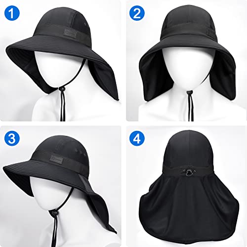 Cooling Sun Hat for Men Women UPF50+ Wide Brim Fishing Hat with Neck Flap Adjustable Foldable Bucket Hat for Hiking Black