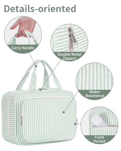 Striped Travel Toiletry Bag for Women Large Hanging Makeup Bag Organizer Toiletries Bag for Full Size Essentials Accessories Cosmetics