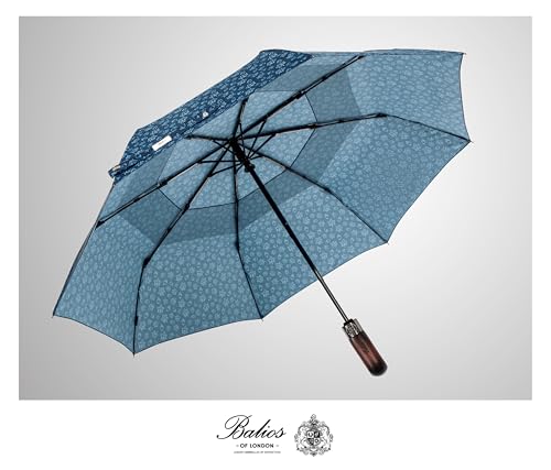 Folding Umbrella Real Wood Handle Maple Leaves Pageant Blue