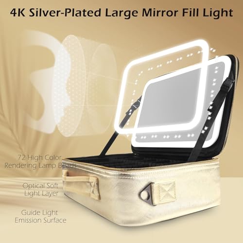 Large Makeup Train Case with Lighted and Mirror 14inch Partitionable Cosmetic Bag Travel Makeup Case Professional Cosmetic Artist Organizer