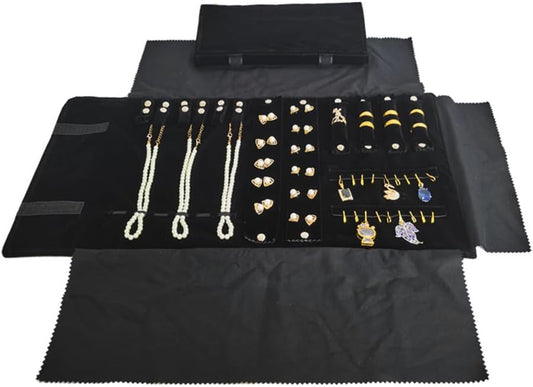 Velvet Travel Jewelry Case Roll Bag Organizer for Necklace Bracelet Earrings Ring (Black) (Black(6+2+4+2)