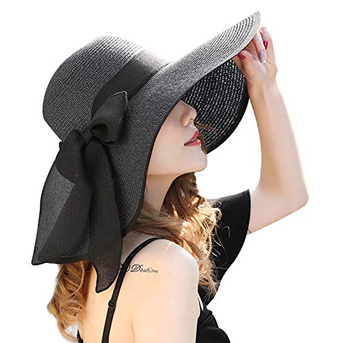 Women Wide Brim Bow Straw Hat Floppy Foldable Beach Sun Hat Roll up Cap UPF 50+