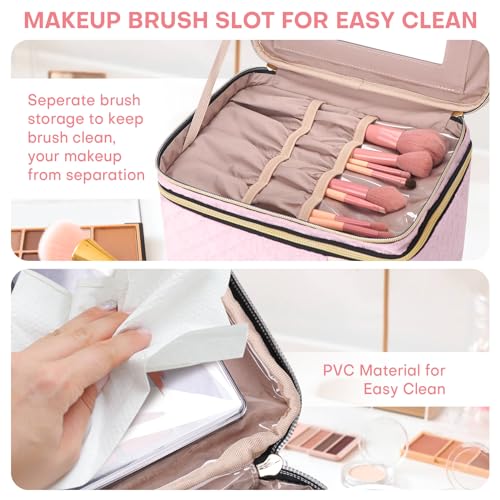 Large Makeup Bag with Mirror Double Layer Travel Make Up Organizer Case