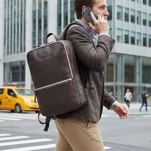Leather Laptop Backpack for Men with Trolley Strap 16L Slim