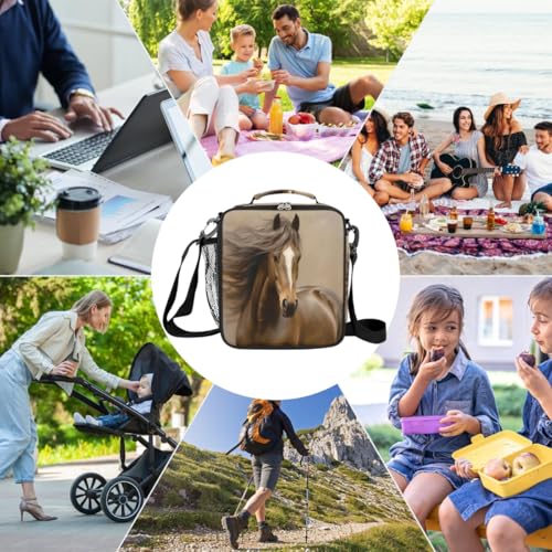Animal Hores Brown Kids Lunch Box for Girls Boys Reusable Insulated Lunch Bag for Kids Toddler Thermal Cooler Spacious Lunchbox with Shoulder Strap Lunchbag for School Work Picnic (print 23)