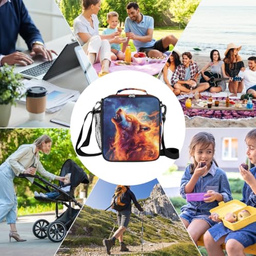 Wolf Fire Kids Lunch Box for Girls Boys Reusable Insulated Lunch Bag for Kids Toddler Thermal Cooler Spacious Lunchbox with Shoulder Strap Lunchbag for School Work Picnic (print 8)