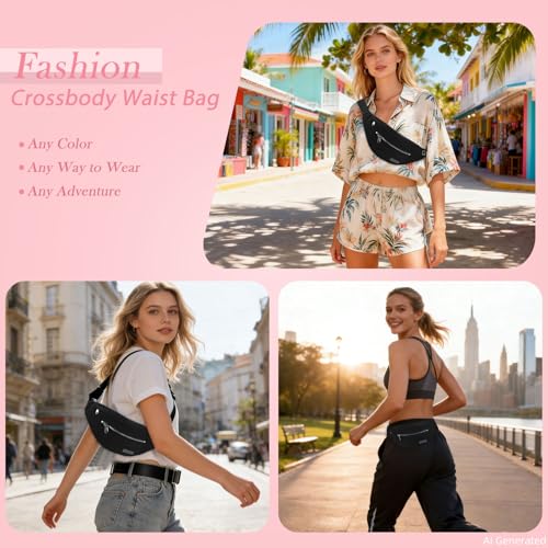 Large Crossbody Fanny Pack Belt Bag for Women Men with Silver Zipper