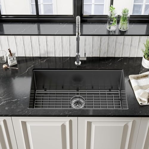 32 x 19 Inch Gloss Black Ceramic Coating with NanoTek Undermount Kitchen Sink