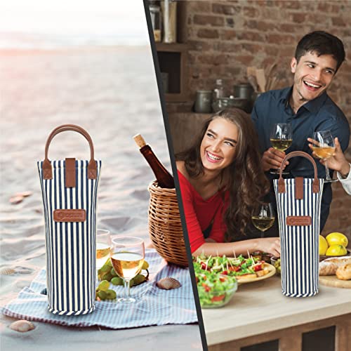 Single Bottle Wine Bag Carrier Insulated Wine Cooler Tote Stripe Navy