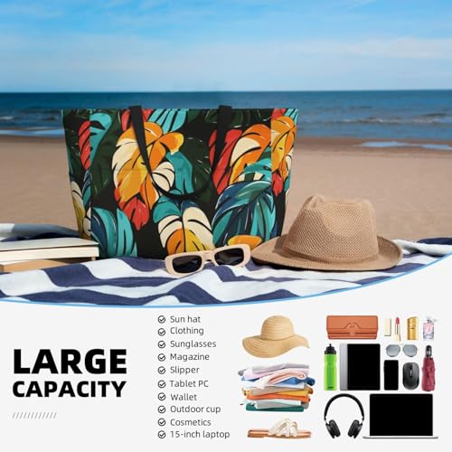 Beach Bag for Women Plam Leaves Print Beach Tote Bag Waterproof Sandproof Large Bags with Zipper Big Capacity for Travel