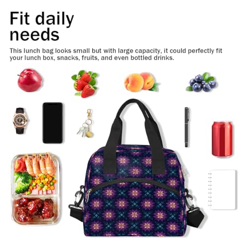 Flower Purple Mandala Insulated Lunch Bag for Women Men Thermal Cooler Bag Adult Lunch Box with Shoulder Strap Reusable Lunch Tote Bag Large Containers for School Picnic Work Lightweight Handbag (B 05)