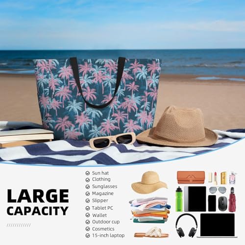 Beach Bag for Women Plam Leaves Print Beach Tote Bag Waterproof Sandproof Large Bags with Zipper Big Capacity for Travel