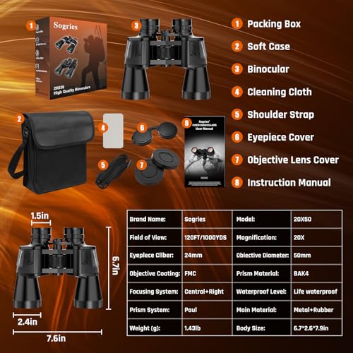 20x50 High Power Binoculars for Adults with Low Light Night Vision