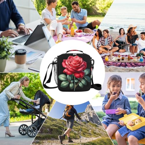 Red Rose Flower Kids Lunch Box for Girls Boys Reusable Insulated Lunch Bag for Kids Toddler Thermal Cooler Spacious Lunchbox with Shoulder Strap Lunchbag for School Work Picnic (print 26)