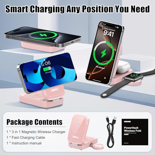 3-in-1 15W Magnetic Charger for iPhone, Apple Watch & AirPods, Pink